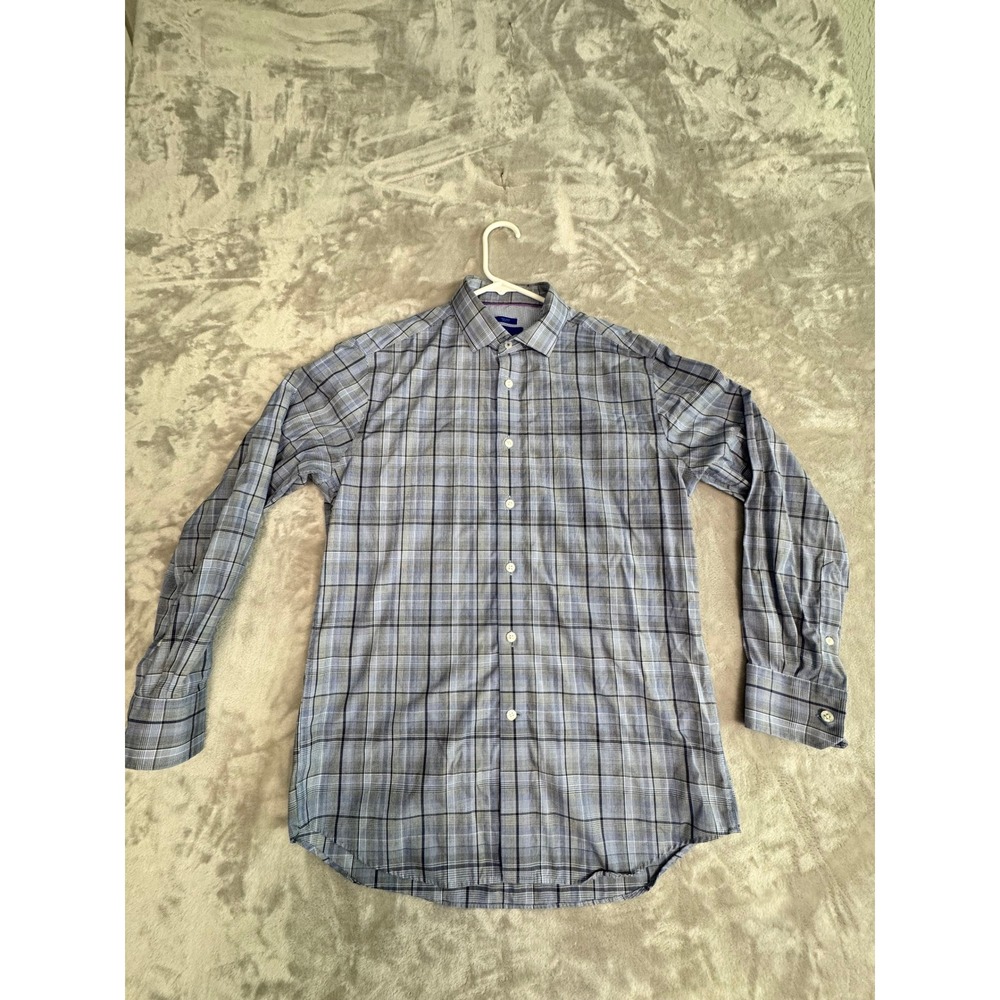 Egara Mens Dress Shirt Medium Blue Plaid Non-Iron Slim Fit Button Down